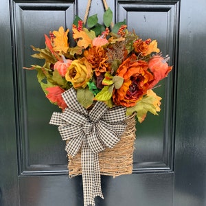 Front door wreath, fall wreath, fall basket, fall decoration, farmhouse wreath, orange flower wreath, pumpkin wreath, thanksgiving wreath