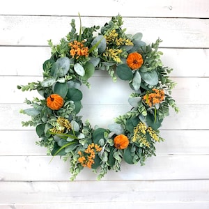 Fall Front Door Wreath, Orange Peony Wreath, Pumpkin wreath, Farmhouse Wreath, Greenery Wreath, Everyday Wreath, Autumn Wreath, Harvest,