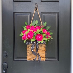 Front door basket, Pink Peony Wreath, Farmhouse Wreath, Front Door Wreath, Summer Wreath, Pink Flower Basket Polka Dot Wreath, Everyday image 6