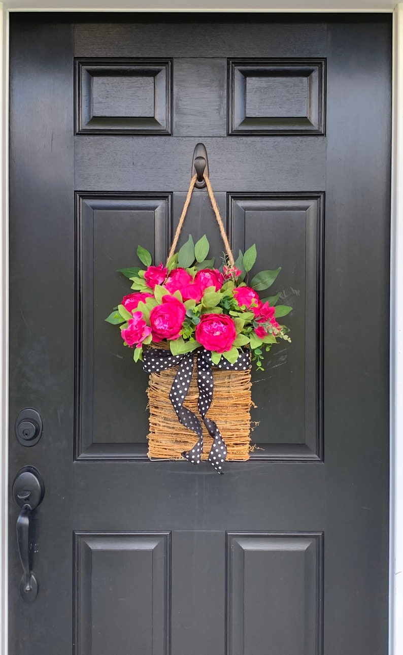 Front door basket, Pink Peony Wreath, Farmhouse Wreath, Front Door Wreath, Summer Wreath, Pink Flower Basket Polka Dot Wreath, Everyday image 6