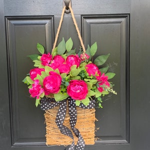 Front door basket, Pink Peony Wreath, Farmhouse Wreath, Front Door Wreath, Summer Wreath, Pink Flower Basket Polka Dot Wreath, Everyday image 2