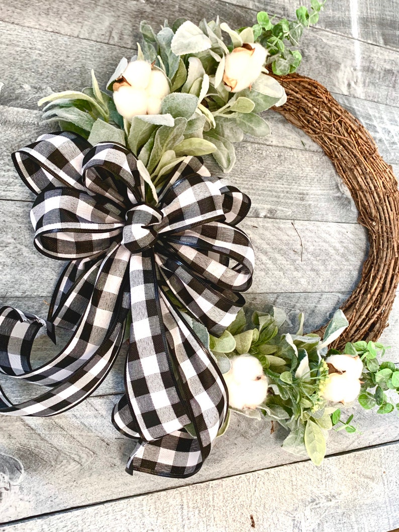 Farmhouse Cotton Wreath, Lambs Ear Front Door Wreath, Cotton Boll ...