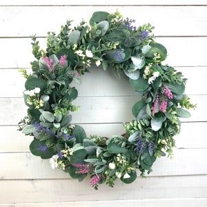 Lambs Ear Front Door Wreath, Greenery Wreath, Lavender Wreath, Wildflower Wreath, Pink Flower, Farmhouse Wreath, Every day wreath,Eucalyptus