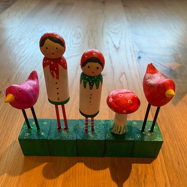 Peg Dolls bemalt, Frühlingsdeko, Vögelchen, Ostern, Peg Puppen