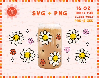 Retro Flower Svg for 16oz Libbey Svg, Libbey Glass Cup Svg, Glass Cup Svg, Coffee Cup Svg, Libbey Can Glass Wrap Svg, Beer Can Glass Svg