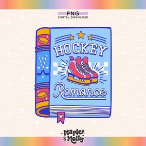 May include: A blue book with a yellow spine and a red heart on the bottom. The book has the text "Hockey Romance" on the front cover with a pair of red ice hockey skates and two hockey sticks.