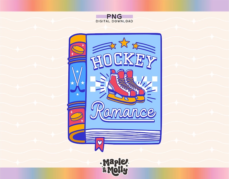 May include: A blue book with a yellow spine and a red heart on the bottom. The book has the text "Hockey Romance" on the front cover with a pair of red hockey skates and two hockey sticks.