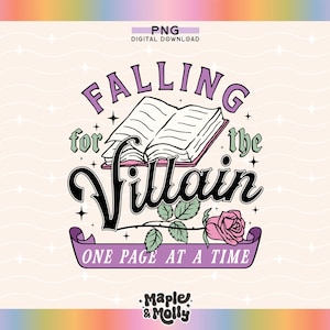 Könnte beinhalten: Ein lila-schwarzes Grafikdesign mit dem Text "Falling for the Villain One Page at a Time". Das Design zeigt ein Buch, eine Rose und eine Rebe.