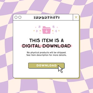 Op de afbeelding: Een digitale downloadmelding met een roze mapicoon en een downloadknop. De tekst luidt "BELANGRIJK! Dit item is een digitale download. Er worden geen fysieke producten verzonden. Zie de productbeschrijving voor meer details. Downloaden."