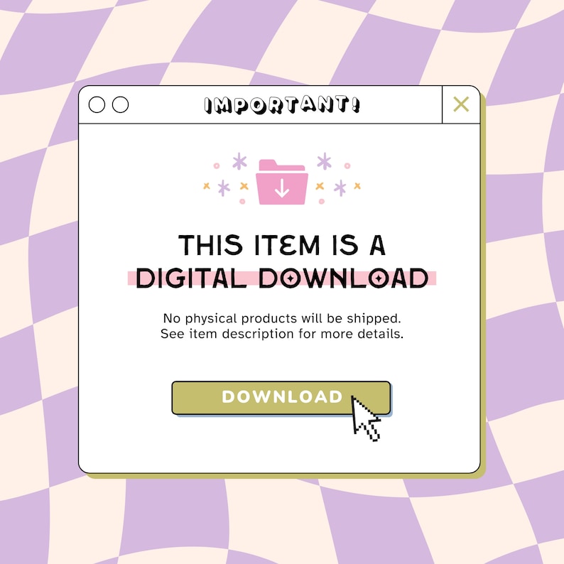 Op de afbeelding: Een digitale downloadmelding met een roze mapicoon en een downloadknop. De tekst luidt "BELANGRIJK! Dit item is een digitale download. Er worden geen fysieke producten verzonden. Zie de productbeschrijving voor meer details. Downloaden."