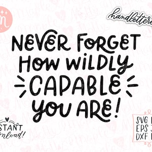 May include: Black and white digital art with the text "NEVER FORGET HOW WILDLY CAPABLE YOU ARE!" in a bold, handwritten style. Includes "handlettered!" and "INSTANT download!" text, plus file type icons.