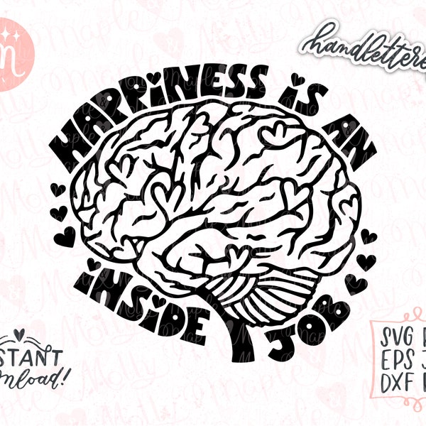 Happiness Is An Inside Job, Be Kind to Your Mind Svg, Mental Health Svg, Happiness Svg, Positive Svg, Mental Health Matters Svg, Brain Svg