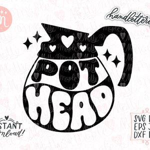 May include: Black and white digital illustration of a coffee pot with the text "POT HEAD" in a retro font style. The illustration is surrounded by small hearts and stars.