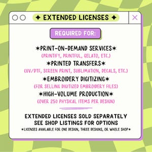 May include: A digital graphic with the text "EXTENDED LICENSES" at the top. The graphic lists requirements for extended licenses, including print-on-demand services, printed transfers, embroidery digitizing, and high-volume production. The background is a light green and yellow checkered pattern.