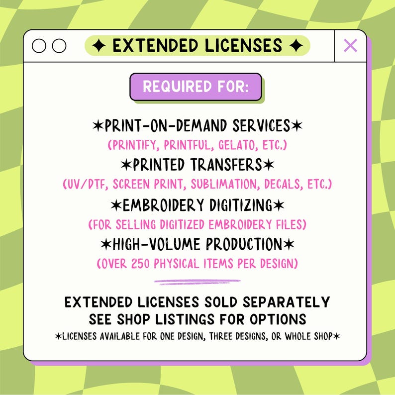 May include: A digital graphic with the text "EXTENDED LICENSES" at the top. The graphic lists requirements for extended licenses, including print-on-demand services, printed transfers, embroidery digitizing, and high-volume production. The background is a light green and yellow checkered pattern.