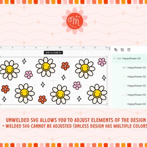 May include: A digital design featuring a pattern of smiling daisy flowers with pink, orange, and yellow accents. The design is 9.19 inches wide and 4.08 inches tall. The text "Happyflower-02" is repeated multiple times in the design.