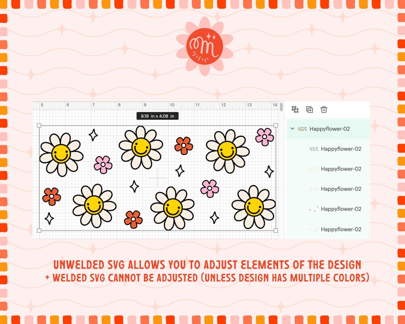 May include: A digital design featuring a pattern of smiling daisy flowers with pink, orange, and yellow accents. The design is 9.19 inches wide and 4.08 inches tall. The text "Happyflower-02" is repeated multiple times in the design.