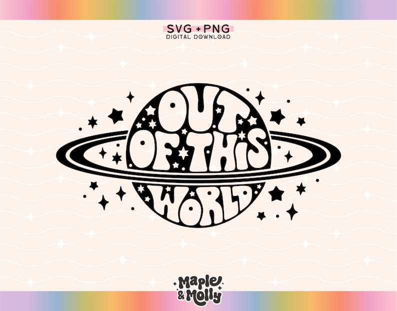 May include: Black and white graphic design of a planet with rings and stars. The planet has the text "OUT OF THIS WORLD" written on it.