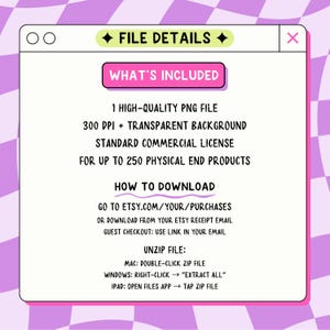 May include: A digital file details graphic with a pink and white checkered background. The graphic includes the text "FILE DETAILS" and "WHAT'S INCLUDED", listing a high-quality PNG file, a transparent background, and a standard commercial license.
