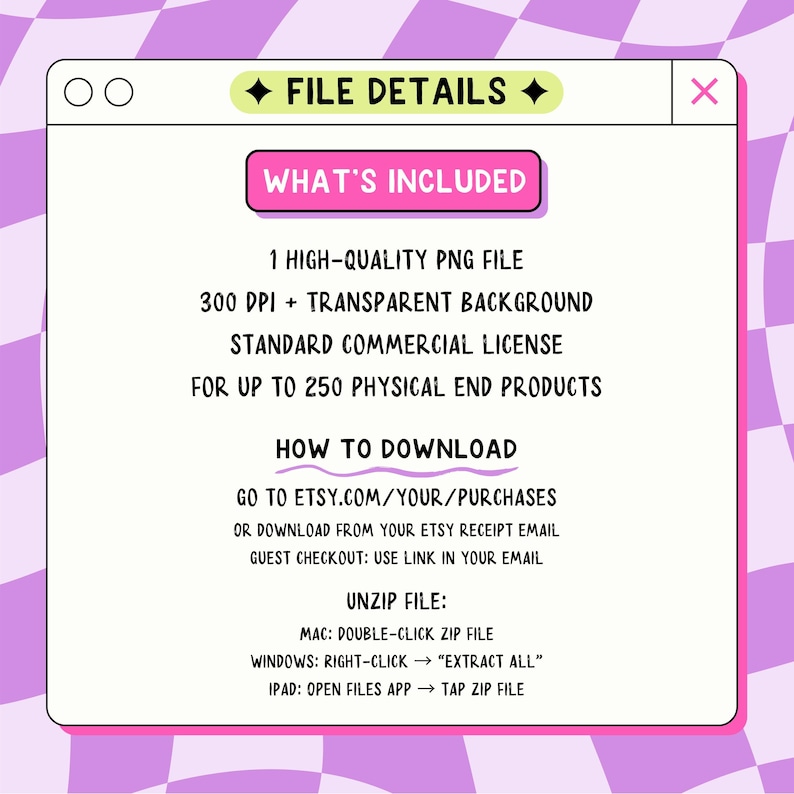 May include: A digital file details graphic with a pink and white checkered background. The graphic includes the text "FILE DETAILS" and "WHAT'S INCLUDED", listing a high-quality PNG file, a transparent background, and a standard commercial license.