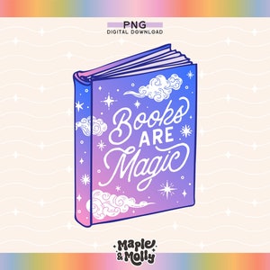 Peut inclure: Un livre violet et bleu avec des nuages et des &eacute;toiles blancs sur la couverture. Le texte sur la couverture est "Books Are Magic".