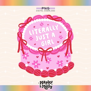 Może przedstawiać: R&oacute;żowe ciasto z białym lukrem i czerwonymi kokardkami. Ciasto jest ozdobione r&oacute;żowymi kwiatami i białymi perełkami. Lukier ma napis "Literally Just a Girl" r&oacute;żowymi literami.