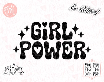 May include: Black and white graphic design with the text "GIRL POWER" in a retro font style. The text is surrounded by small stars and hearts.