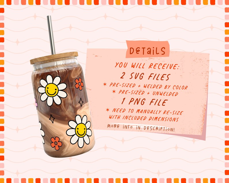 May include: A brown and white tumbler with a smiling daisy design. The tumbler has a wooden lid and a clear straw. The text "DETAILS" is visible in the background.