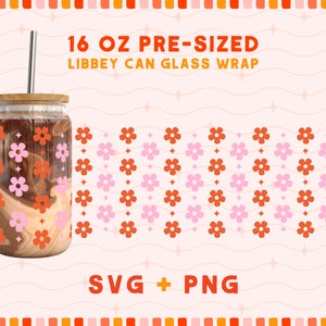 Retro Flower Svg voor 16oz Libbey Glass Wrap, Libbey Glass Svg, Glass Cup Svg, Coffee Cup Svg, Libbey Can Glass Wrap Svg, Bierblikje Glas Svg