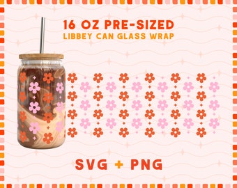 Retro Flower Svg for 16oz Libbey Glass Wrap, Libbey Glass Svg, Glass Cup Svg, Coffee Cup Svg, Libbey Can Glass Wrap Svg, Beer Can Glass Svg