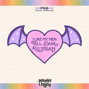 Puede incluir: Un corazón rosa con alas de murciélago moradas y el texto "Me gustan mis hombres altos, oscuros e ilíricos" en contorno blanco. El fondo es rosa claro con un patrón ondulado blanco.
