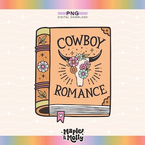 Może przedstawiać: Okładka książki w stylu vintage z kwiatowym wzorem czaszki i tekstem "COWBOY ROMANCE".
