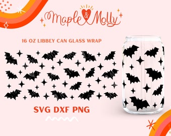 May include: A digital design for a 16 oz. can glass wrap featuring a pattern of black bats and stars on a pink background. The design is available in SVG, DXF, and PNG formats. The text "Maple & Molly" is at the top of the image.