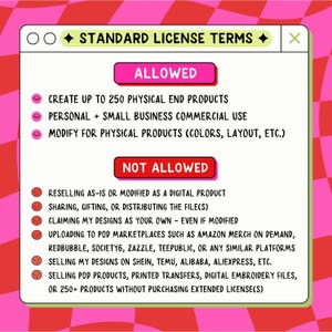 May include: A digital license terms graphic on a pink and red checkered background. The graphic lists what is allowed, such as creating up to 250 physical end products, and what is not allowed, such as reselling as a digital product.