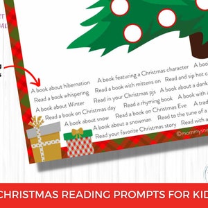 May include: A printable Christmas reading prompts sheet for kids. The design features a green Christmas tree with red and white ornaments, and a red and green plaid border. Text includes reading prompts like "Read a book about hibernation."