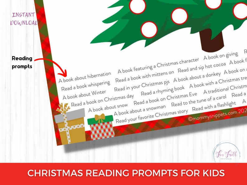 May include: A printable Christmas reading prompts sheet for kids. The design features a green Christmas tree with red and white ornaments, and a red and green plaid border. Text includes reading prompts like "Read a book about hibernation."