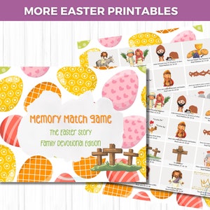 Puede incluir: Juego de memoria imprimible con tem&aacute;tica de Pascua con dise&ntilde;os de huevos coloridos e ilustraciones de historias b&iacute;blicas. El juego se titula "Memory Match Game: The Easter Story, Family Devotional Edition."