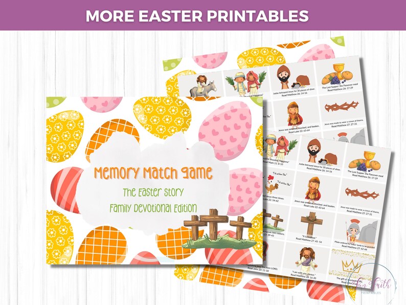 Puede incluir: Juego de memoria imprimible con tem&aacute;tica de Pascua con dise&ntilde;os de huevos coloridos e ilustraciones de historias b&iacute;blicas. El juego se titula "Memory Match Game: The Easter Story, Family Devotional Edition."