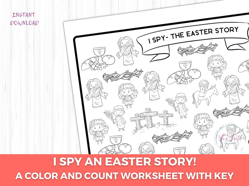 Puede incluir: Hoja de trabajo en blanco y negro titulada "I Spy - The Easter Story". La hoja de trabajo presenta ilustraciones de figuras y s&iacute;mbolos religiosos, incluyendo a Jes&uacute;s, &aacute;ngeles, cruces y pan. El texto en la parte inferior dice "I Spy an Easter Story! A Color and Count Worksheet with Key."