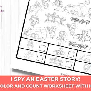 Puede incluir: Hoja de trabajo en blanco y negro con tem&aacute;tica de Pascua con el texto "I Spy an Easter Story!" y "A Color and Count Worksheet with Key". La hoja de trabajo presenta ilustraciones de figuras religiosas, cruces y otros s&iacute;mbolos de Pascua.