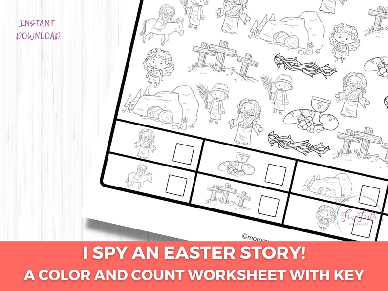 Puede incluir: Hoja de trabajo en blanco y negro con tem&aacute;tica de Pascua con el texto "I Spy an Easter Story!" y "A Color and Count Worksheet with Key". La hoja de trabajo presenta ilustraciones de figuras religiosas, cruces y otros s&iacute;mbolos de Pascua.