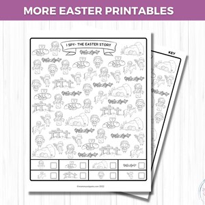 May include: Black and white printable Easter activity sheet with an "I Spy - The Easter Story" title. The sheet features a hidden picture game with various Easter-themed images, including a cross, a tomb, and a lamb. The sheet also includes a key with a list of items to find.