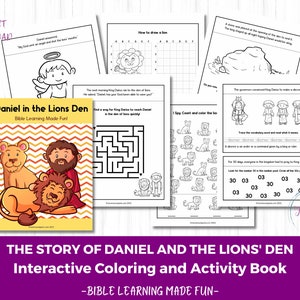Páginas para colorear y libro de actividades de la historia de Daniel y el foso de los leones: estudio bíblico para niños, páginas para colorear de versículos bíblicos, lección de escuela dominical
