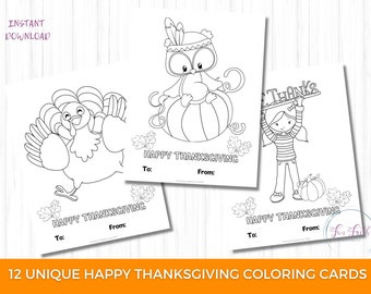 Thanksgiving Coloring Cards for Kids, Printable Turkey Day Activity (PDF)