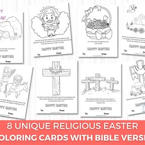 8 coloriez vos propres cartes de Pâques religieuses pour les enfants avec des versets bibliques, des cartes de coloriage de Pâques imprimables, des imprimables de foi, des étiquettes de panier de Pâques