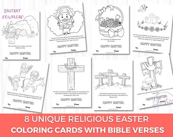 Tarjetas para colorear de Pascua con temática religiosa para niños, imprimibles con versículos bíblicos (descarga digital)