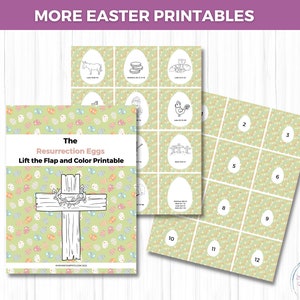 Puede incluir: Un conjunto de imprimibles con tem&aacute;tica de Pascua. El elemento principal es un folleto titulado "The Resurrection Eggs Lift the Flap and Color Printable" con una ilustraci&oacute;n de una cruz. P&aacute;ginas adicionales incluyen gr&aacute;ficos en forma de huevo con n&uacute;meros e ilustraciones.