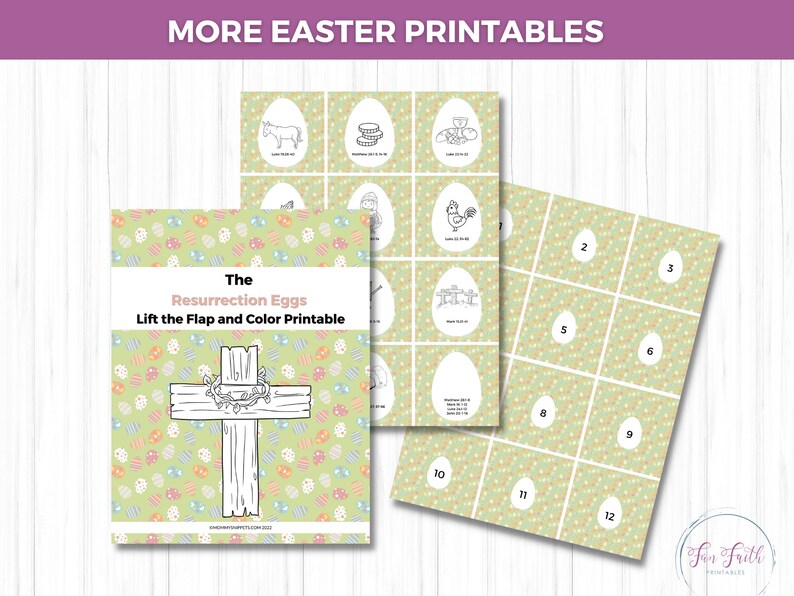 Puede incluir: Un conjunto de imprimibles con tem&aacute;tica de Pascua. El elemento principal es un folleto titulado "The Resurrection Eggs Lift the Flap and Color Printable" con una ilustraci&oacute;n de una cruz. P&aacute;ginas adicionales incluyen gr&aacute;ficos en forma de huevo con n&uacute;meros e ilustraciones.