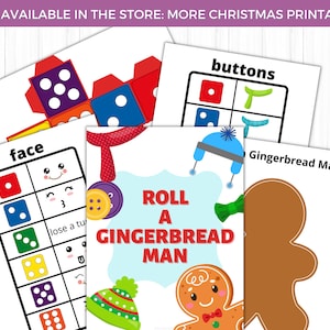 May include: A collection of Christmas-themed printable games and activities. The images include dice, gingerbread men, and the text "Roll a Gingerbread Man". The color palette includes red, blue, green, and brown.