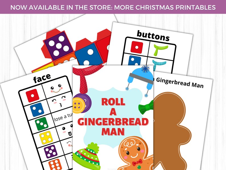 May include: A collection of Christmas-themed printable games and activities. The images include dice, gingerbread men, and the text "Roll a Gingerbread Man". The color palette includes red, blue, green, and brown.